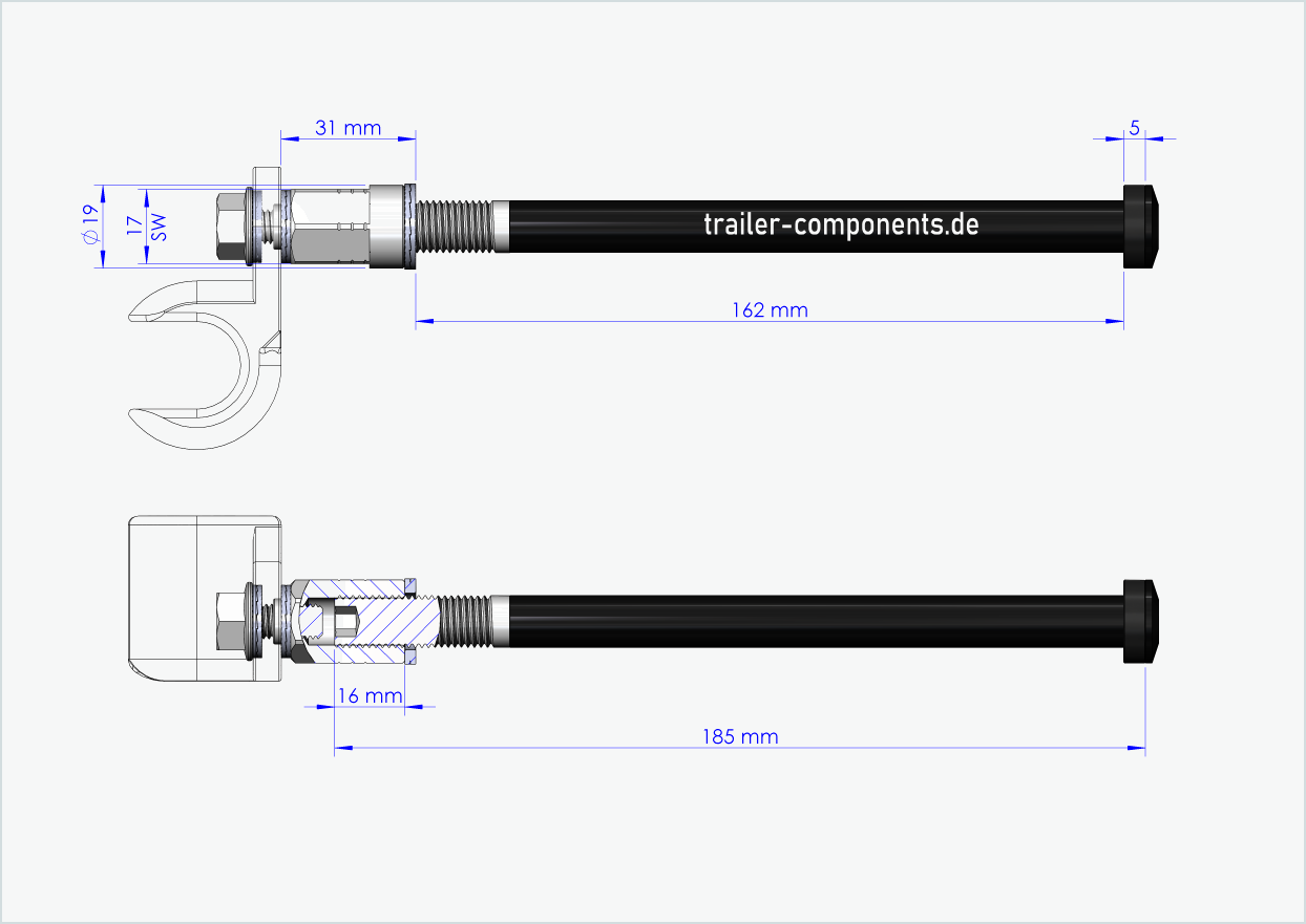 Universele steekas met adapter voor TOUT TERRAIN | voor linkse draad M12 x 1,50 - geschikt voor Thule, Qeridoo, Burley, Prophete, Hamax, Trixie en nog veel meer.