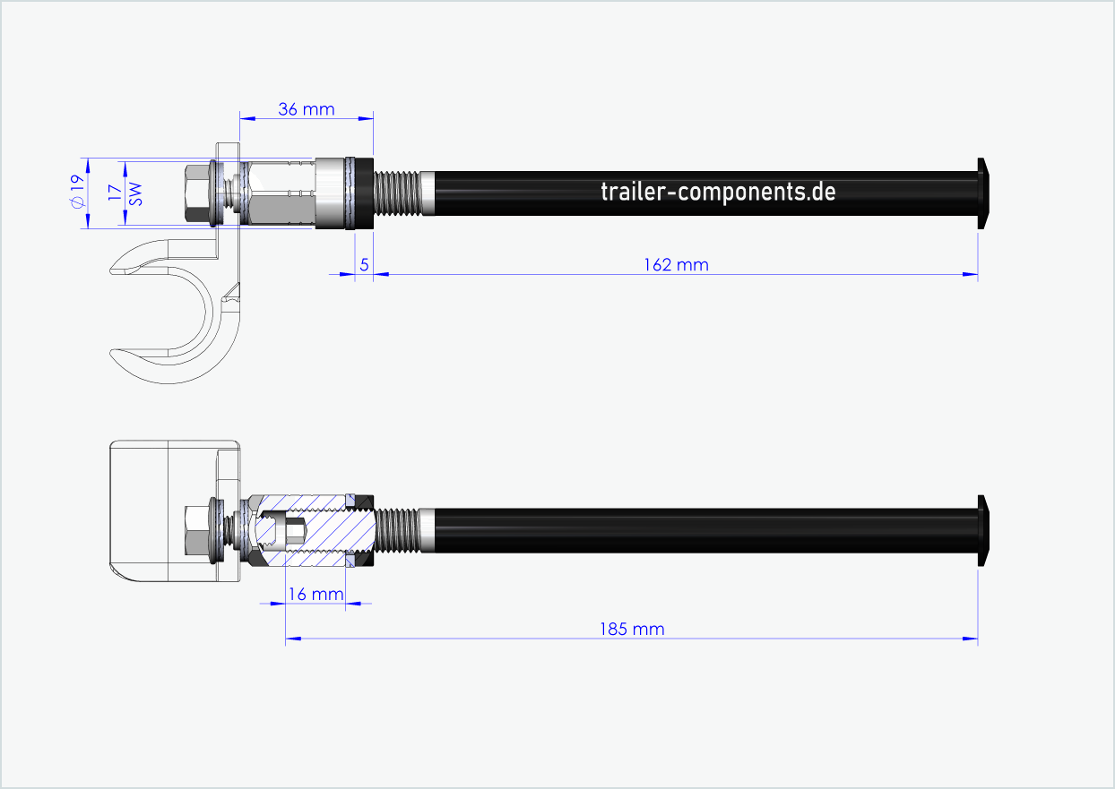 Universele steekas met adapter voor TOUT TERRAIN | voor linkse draad M12 x 1,50 - geschikt voor Thule, Qeridoo, Burley, Prophete, Hamax, Trixie en nog veel meer.