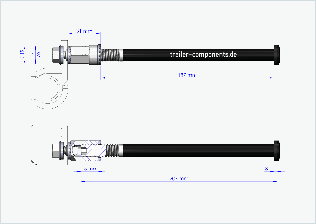 Universele steekas met adapter voor ORBEA | voor linkse draad M12 x 1,50 - geschikt voor Thule, Qeridoo, Burley, Prophete, Hamax, Trixie en nog veel meer.